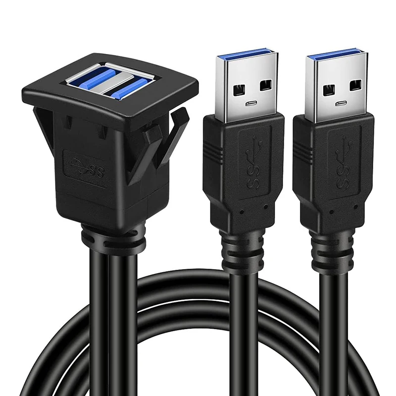 2 Ports Dual USB 3.0/2.0 Male To Female Extension Data Dash Flush Panel Mount Cable for Car Truck Boat Automotive Dashboard 1m