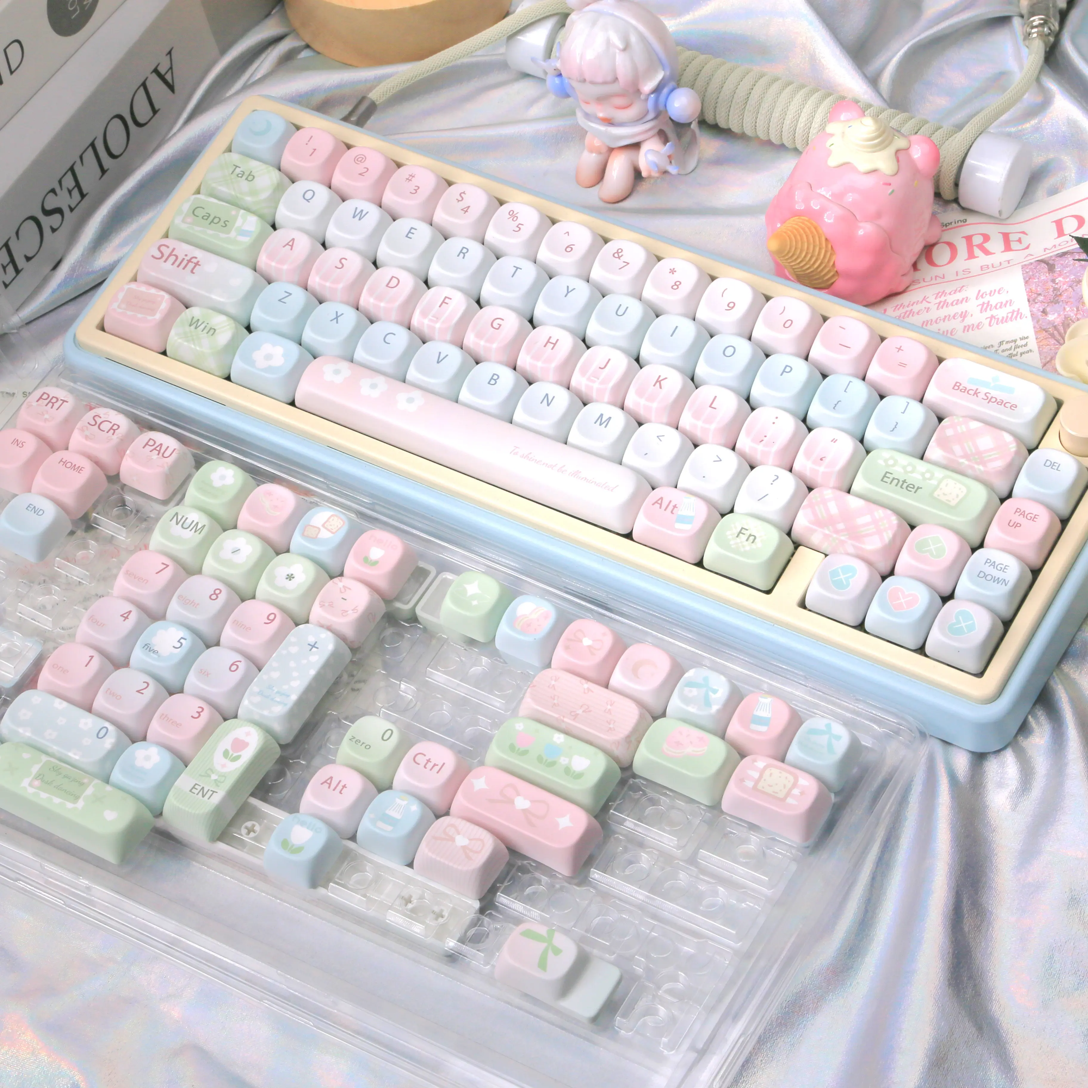 Cute Sweet Pastel MOA Keycaps Set PBT Heat Sublimation Pink Blue Flower Keycap Kit For Gaming Mechanical Keyboard 60% 80% 100%