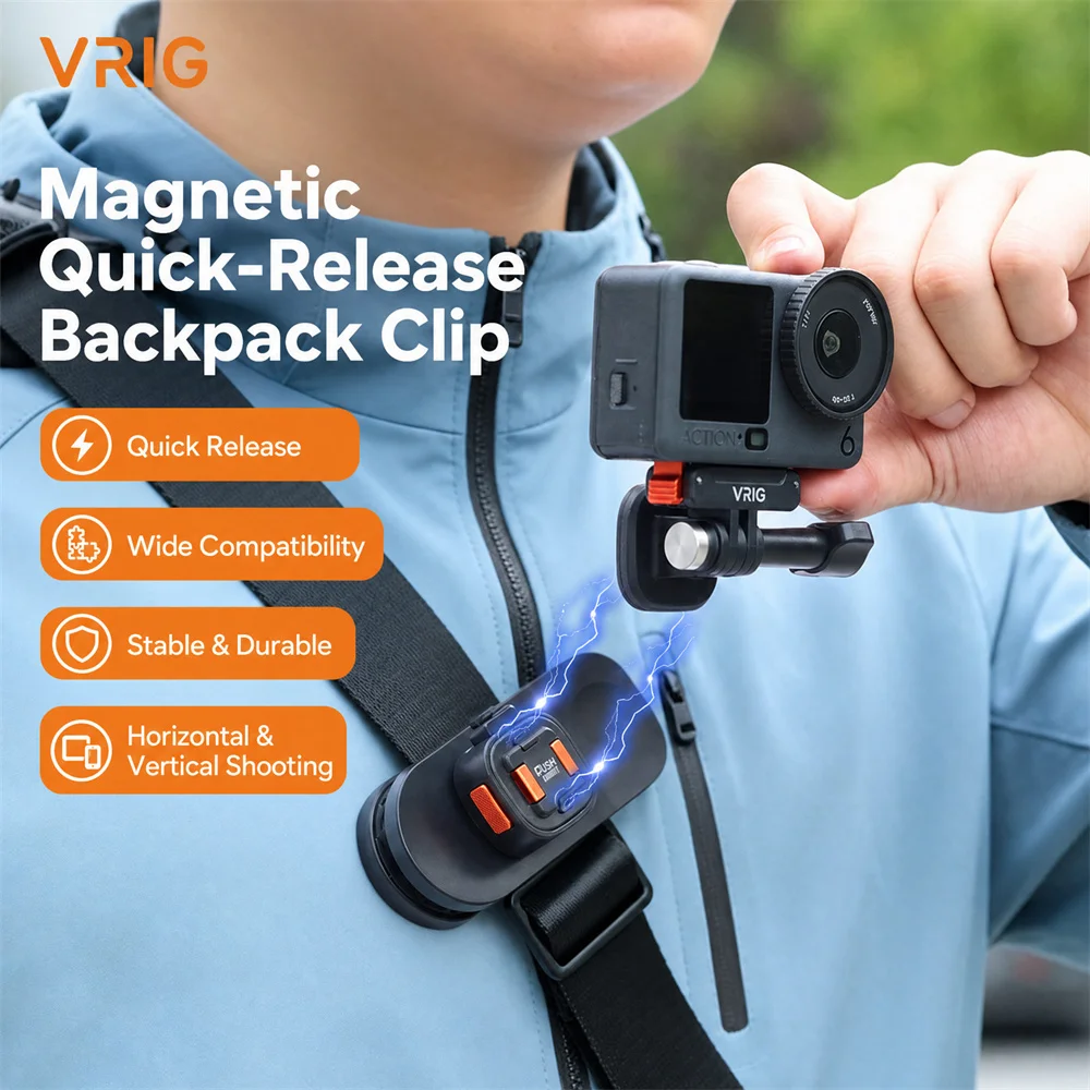 VRIG AC-97 360° Rotatable Backpack Clip for DJI Action 6/5 Pro/4/3 Insta360 Ace Pro 2 Mini BallHead Mount for Outdoor Photograph