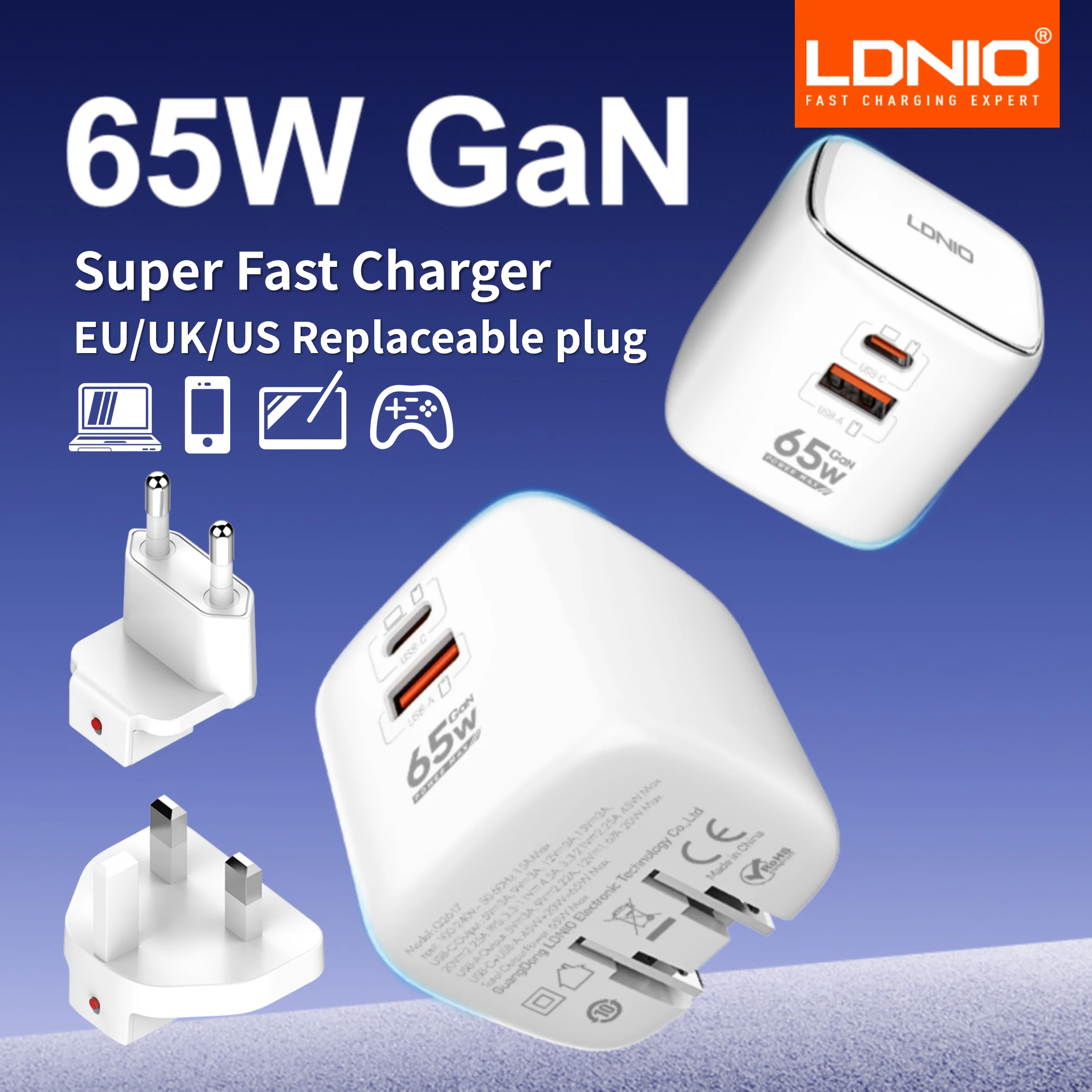 LDNIO 65W Travel Charger Dual USB C Ports International Universal Travel Adapter European Charger with Foldable USA UK EU Plug