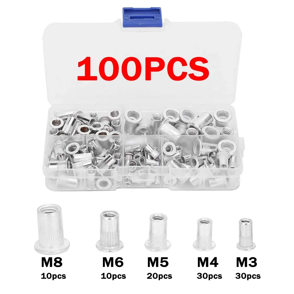 100pcs Aluminum Flat Head Nut Set M3 M4 M5 M6 M8 Insert Rivets Mixed Size Premium Auto Rivet Tool Set