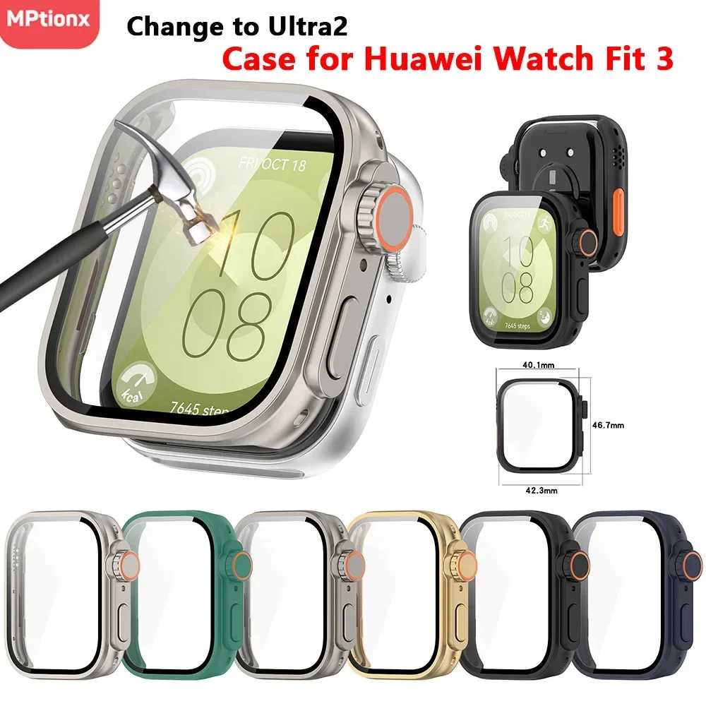 PC Case+Glass For Huawei Watch Fit 3 Smart Watch Change to Ultra Screen Protector for Huawei Fit 3 Upgrade to Ultra2 Accessories