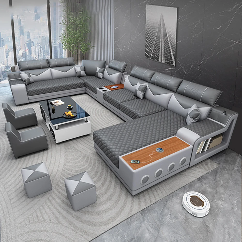 MANBAS U-Shaped Fabric Sectional Sofa Set with Console,Speaker, USB,Cup Holder and Stools, Large Living Room Couch Furniture Set