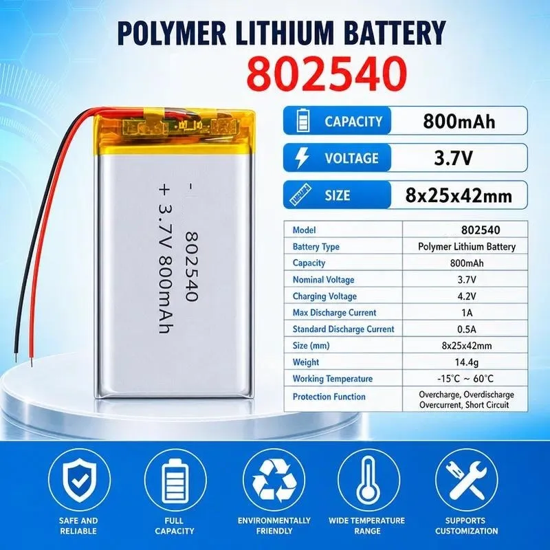for 802540 Polymer Lithium Battery 800mAh 3.7V Rechargeable Battery for Mosquito Repellent Lamp Makeup Mirror Milk Suction