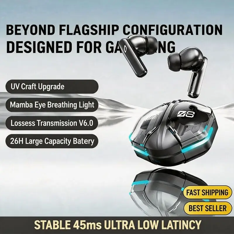 In Ear Wireless Bluetooth 6.0 Headphones Intelligent App Noise Reduction Long Battery Life Low Latency RGB Light IPX5 Waterproof