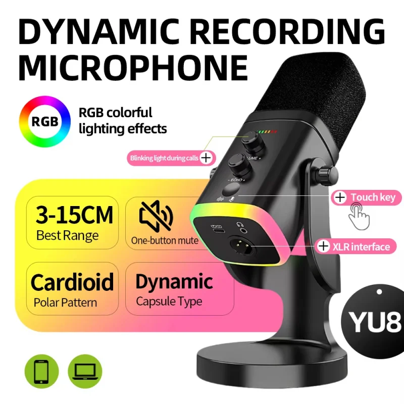 YU8 USB XLR Dynamic Microphone for PC Gaming Youtube Singing Recording RGB Streaming Mic with Echo Control Noise Reduction