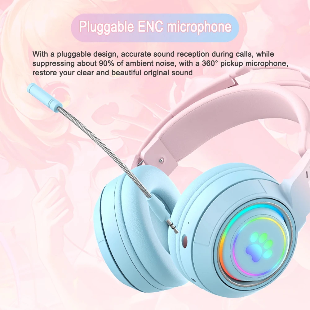 Bluetooth Headphones RGB Gaming Headphones For PC Microphone Surround Sound With Deer Ear Cat Ear Girl Gifts Glow Light Stereo