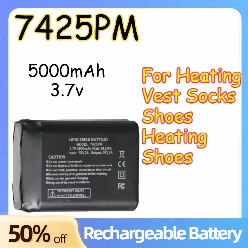 7425PM 5V 5000mAh Large Capacity Lithium Battery for Heating Vest Socks Shoes Heating Shoes Type-C Rechargeable Batteries