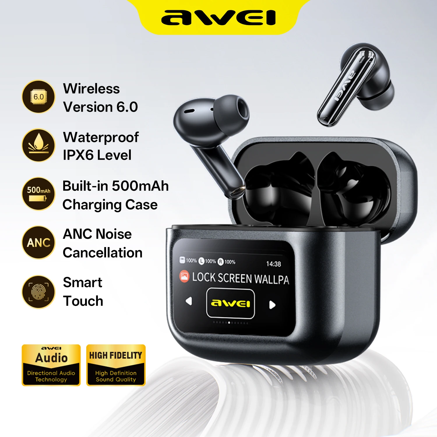 AWEI T56 ANC Wireless Bluetooth V 5.4 Earphones Noise Reduction Headphones Full-Color LED Touchscreen TWS Sport Headest With Mic