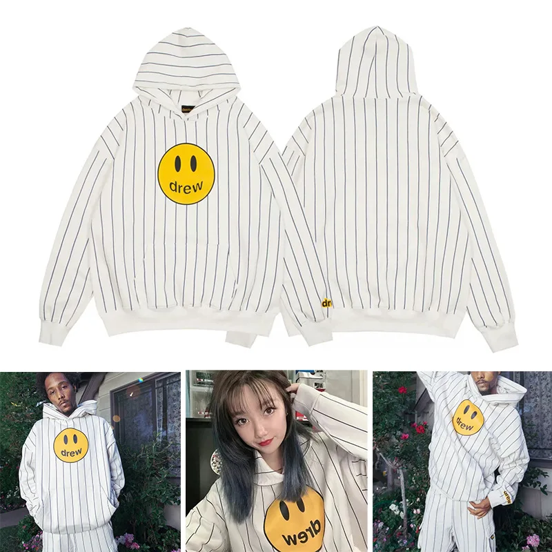 Drew House Premium Hoodie High-Street Smiley Stripe Hoodie Unisex Fleece-Lined Hoodie