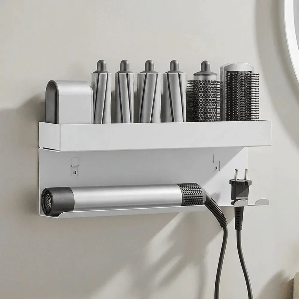Carbon Steel Curling Iron Storage Rack No Drill Space Saving Hair Curler Storage Shelf Wall Mounted Hair Tool Holder Beauty Room