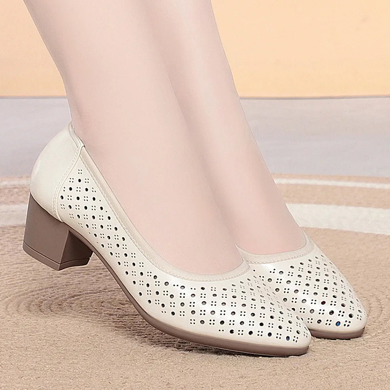 Beige Mary Jane Shoes With Adjustable Ankle Strap Low Block Heel Square Toe Hollow Out Casual Comfortable Work And Daily Wear