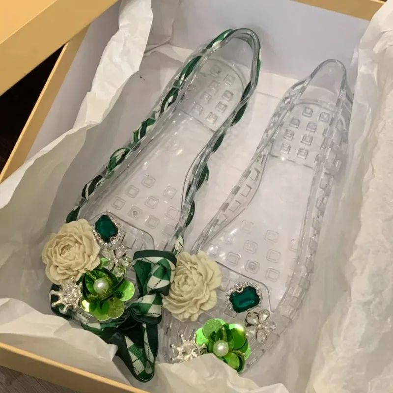 New Style Square-toe Open-toe Sandals with Flat Sole Jelly-style Shoes DlY Shoes Floral Handcrafted Withcrystals and Nettin