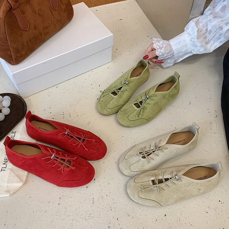 Women Soft Suede Flat Ballet Shoes Lace Up  Slip On Round Toe Light Multicolor Red Yellow Beige Daily Casual Walking Footwear