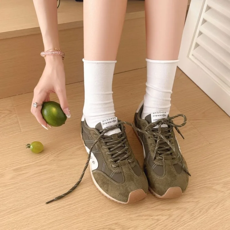 Retro Color Block Sneakers Women Soft Flat Running Shoes Lace Up Multicolor Casual Walking Footwear Outdoor Vintage Trainers
