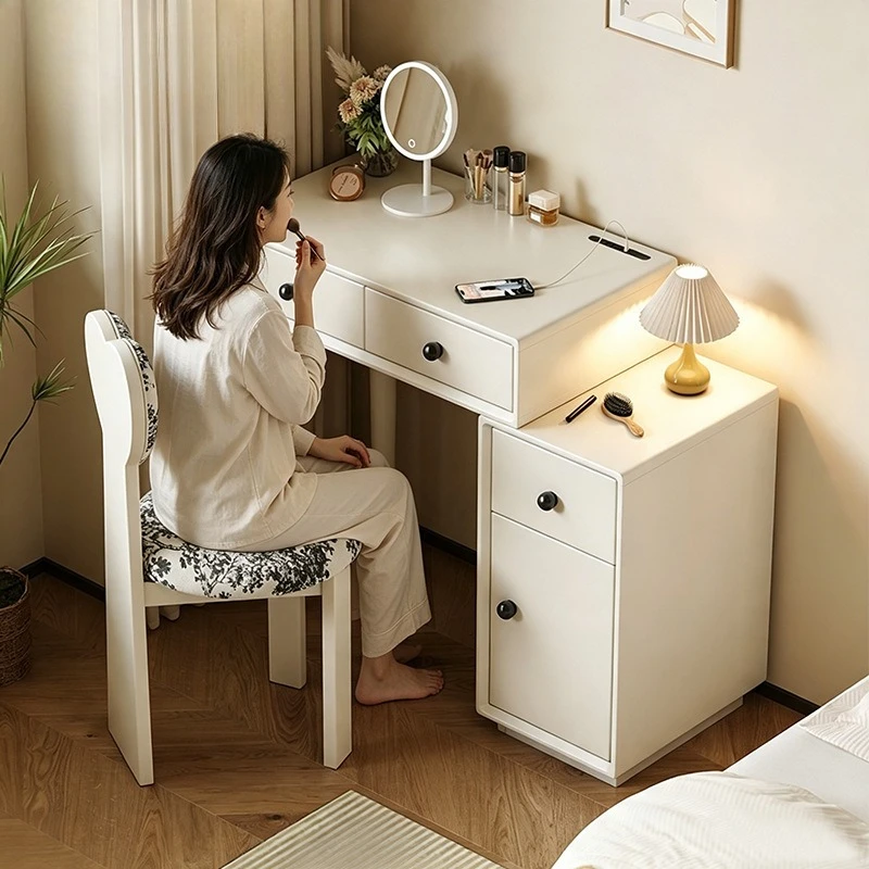 Cream wind dresser, small apartment bedroom retractable side cabinet integrated makeup table with USB socket makeup table