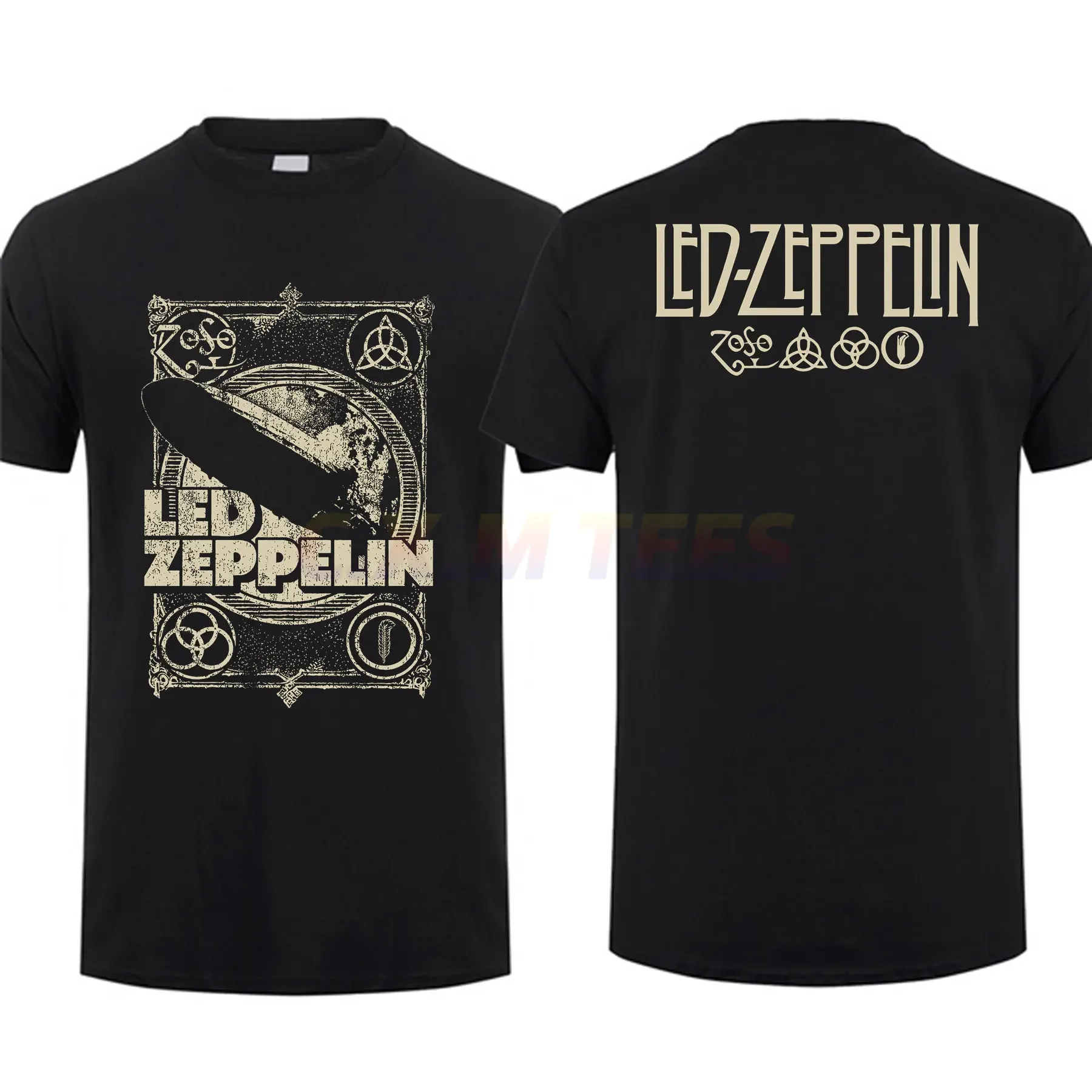 Amazing Tees Men Burning Blimp Distressed Runes Led Rock Band Zeppelin Tour T Shirt Double-sided Casual Oversized T-shirt S-3XL