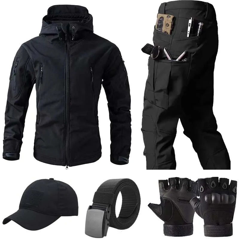 Winter Tactical Sets Men Outdoor Waterproof Soft Shell Hood Jacket Training Clothes Multi-pocket Cargo Pant Suits Military  Set