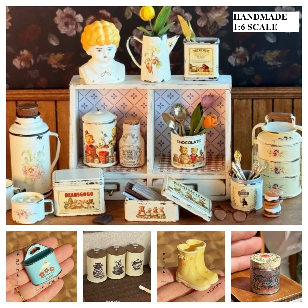 Hand-painted Miniature Tea Set Rustic Tin Cups with Floral Print 1/6 Dollhouse Kitchen Accessories, Free Mini Spoon Included