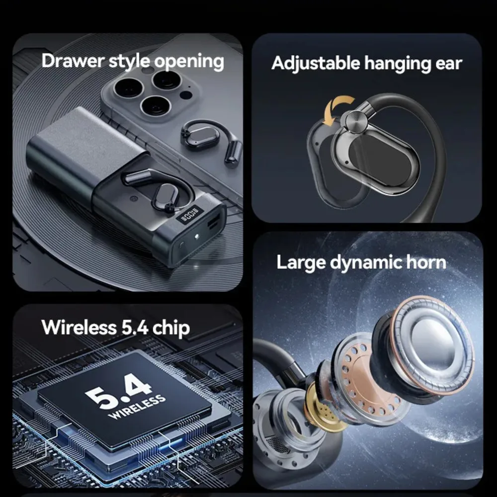 Open-Ear Wireless Earbuds Bluetooth5.4 Earhook Headphones Power Bank Charging Case LED Flashlight 3 In 1 Digital Power Display