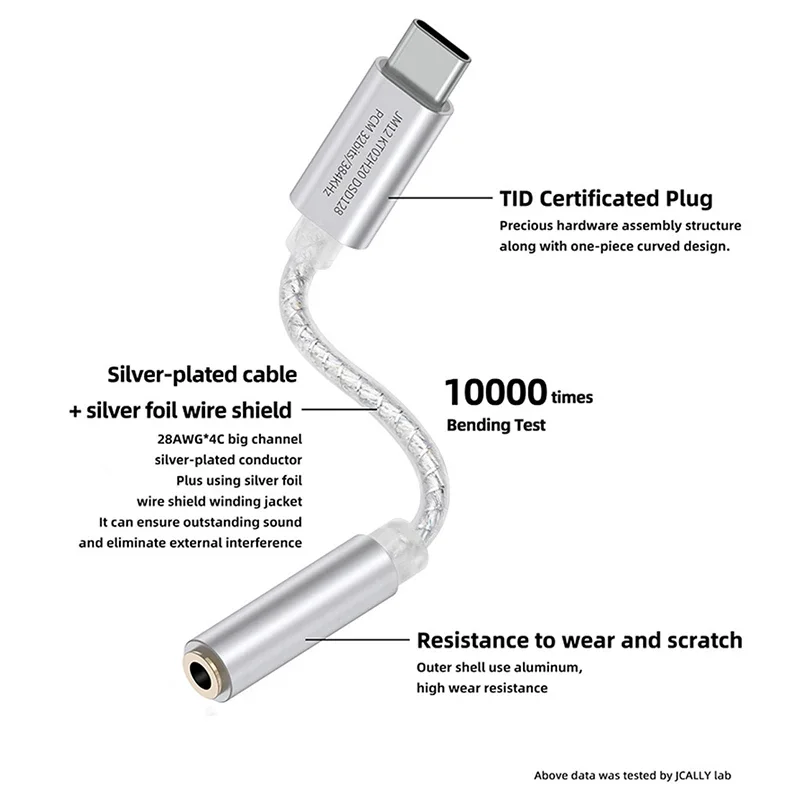 JCALLY JM12 High-End Digital Audio Adapter Type-C to 3.5mm HiFi DAC with KTO2H20 Chip 32bit 384KHz DSD128 Decoder Earphone Amp