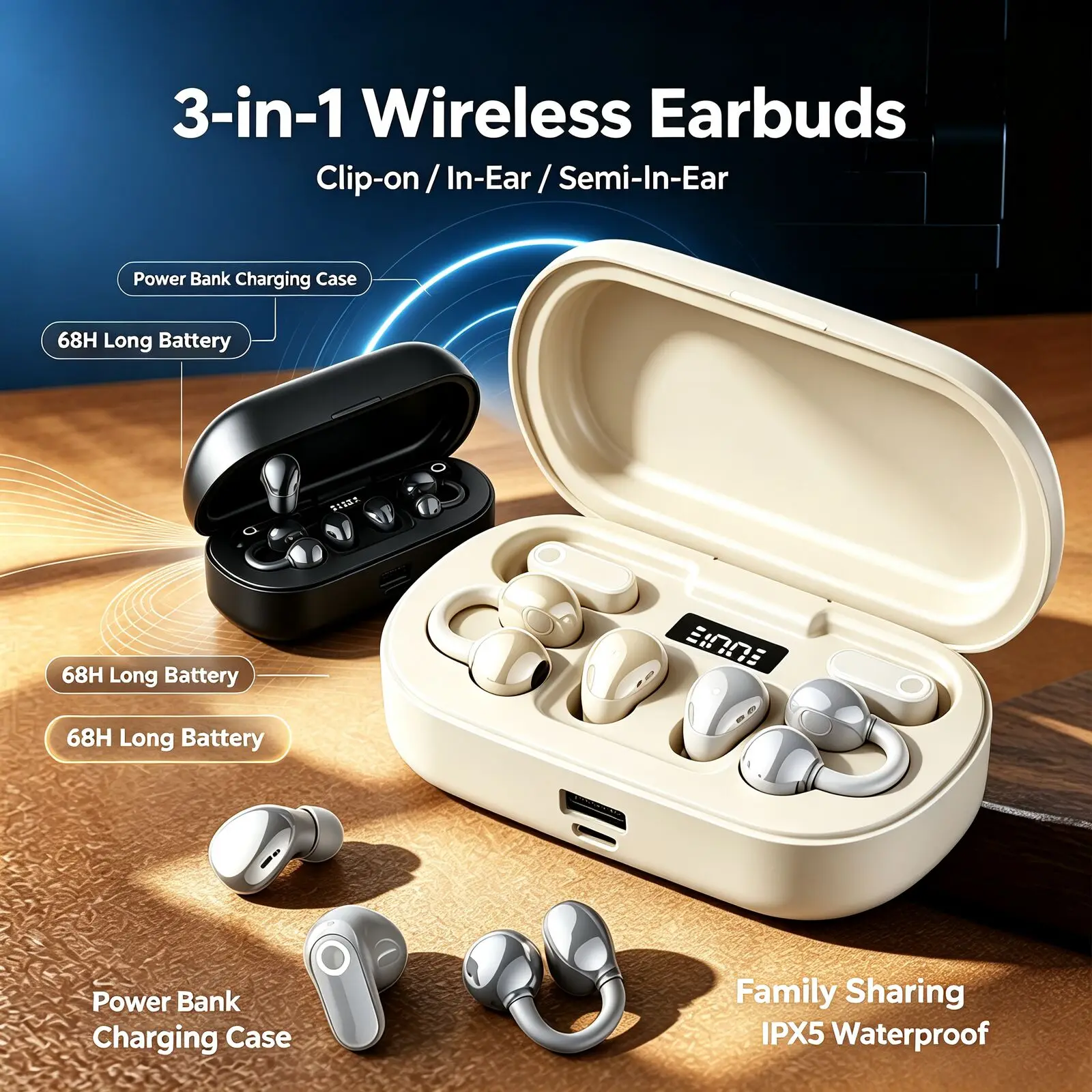 3-in-1 TWS Earbuds Bluetooth 6.0 In Ear Ear Clip Dual Style Digital Power Display 96H Playback Suitable For Families And Couples