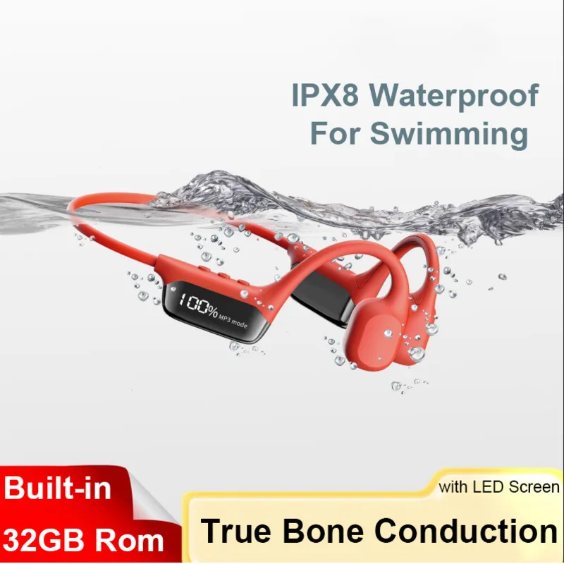 Bone Conduction Bluetooth 5.4 Neckband IPX8 Waterproof Built-in 32GB Rom MP3 Player with LED Digital Display For Sports Swimming