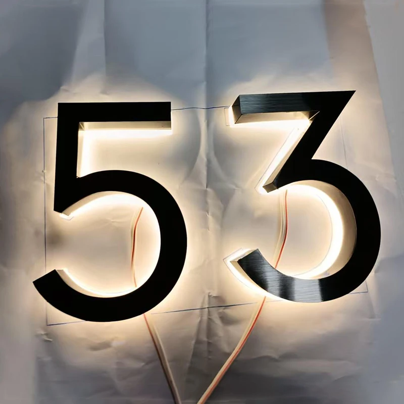 Metal 3D LED House Number Light Outdoor Stainless Steel Lighted Letter Sign Logo Address Plaque Home Hotel Door Plate Waterproof