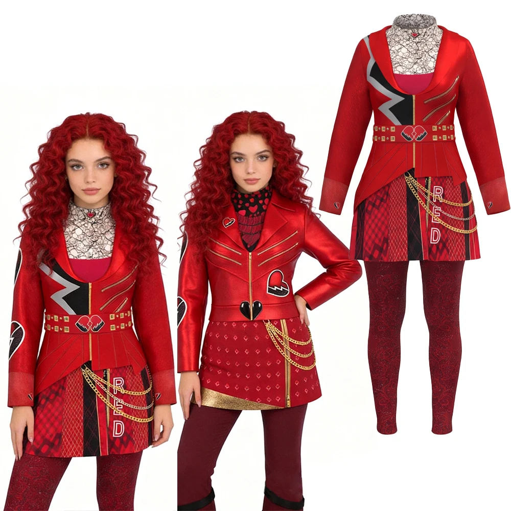 Adult Movie Anime Cosplay Costume Set Red Heart-Print Shiny Jacket Rock-Style Zippered Mini Skirt and Pant Halloween Costume Set