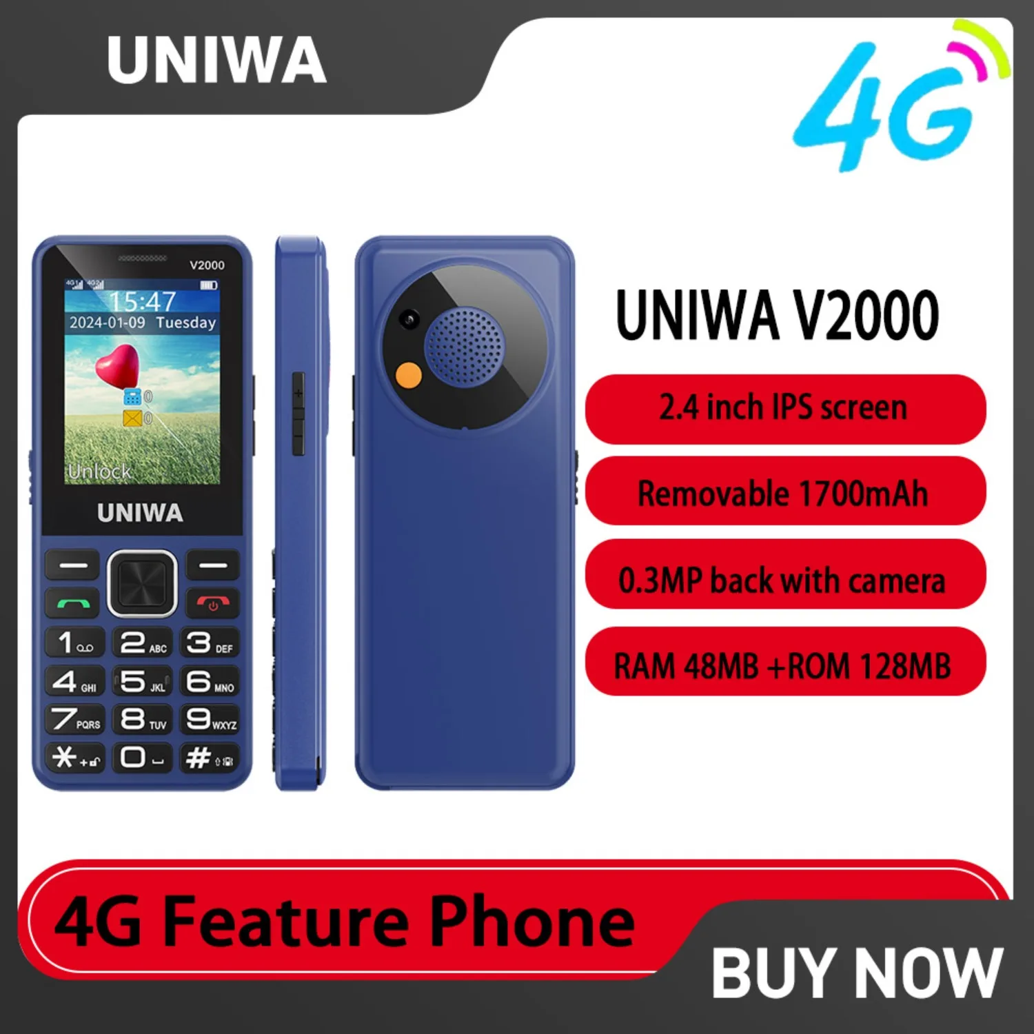 UNIWA V2000 4G Keypad Feature Phone 2.4“ Big Button Loud Volume Dual SlM Removable 1700mAh Hightlight Torch 0.3MP EU USA Versio