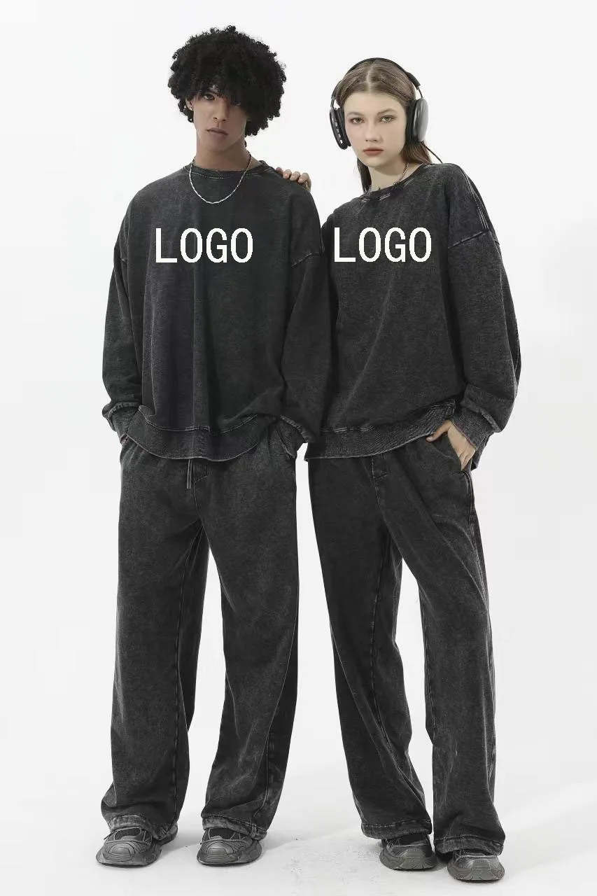 Men's retro 350g long-sleeved hoodie with custom digital printing, loose and breathable, large size, solid color round-neck long