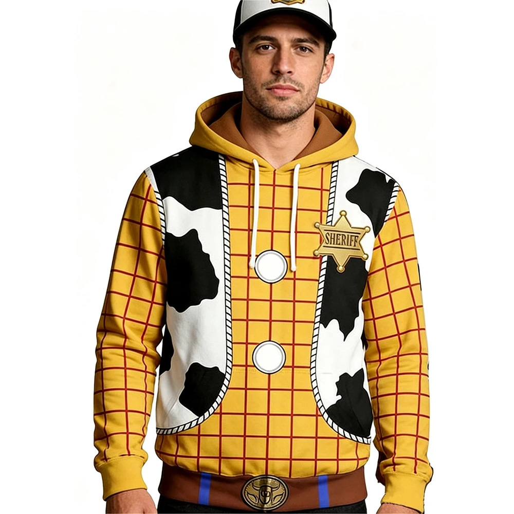Animated Movie Cosplay Costume Hoodie Coat Western Cowboy 3D Digital Print Yellow Checkered Cow Sweatshirt Halloween Jacket