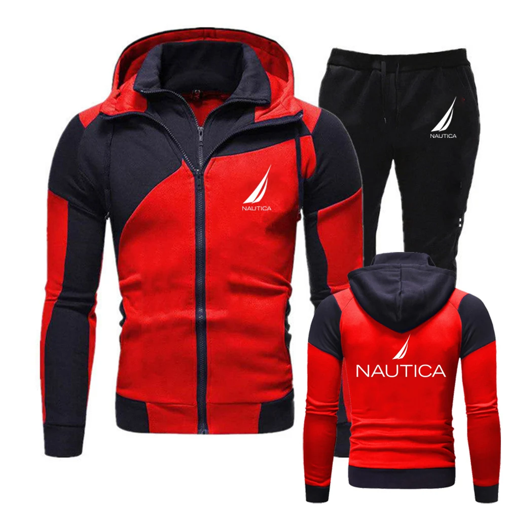 NAUTICA Hooded Tracksuit Set Ocean Nautical Logo Zipper Hoodie Jacket Sweatpants Outdoor Casual Sports Fitness Set