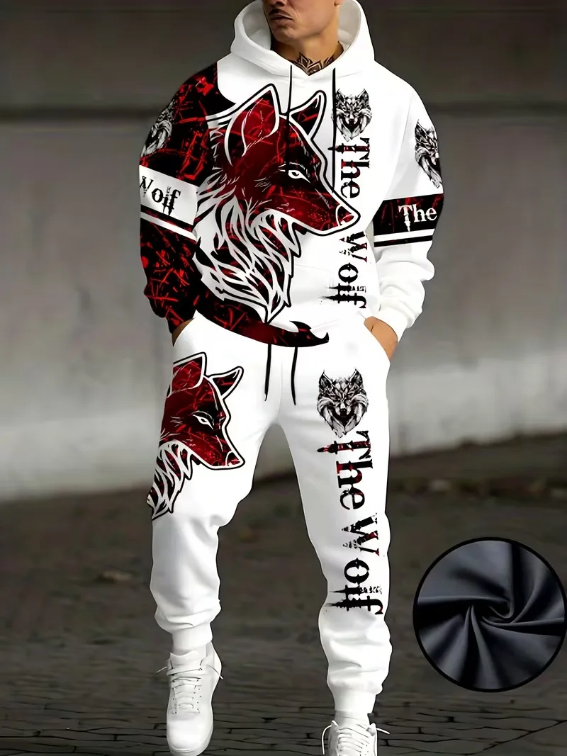 Fashion Wolf Printed Hoodies and Pants 2 Piece Outfit Autumn and Winter Casual Men's Sweatshirt Sets Outdoor Loose Sports Suit