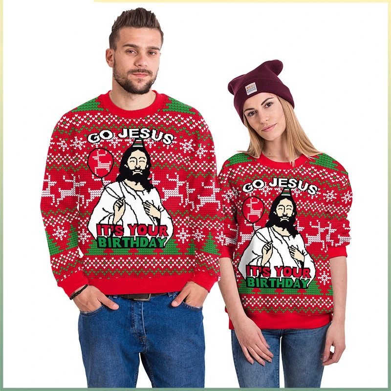 Autumn And Winter Women's Digital Printing Couple Sweater Christmas Long Sleeve Men And Women Round Neck Sweater