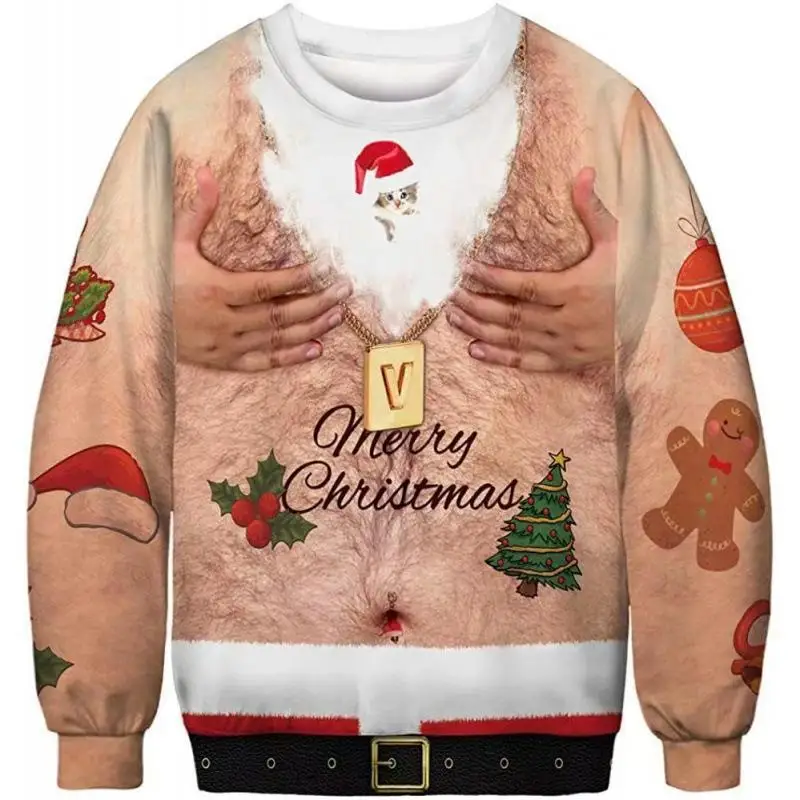 2026 Christmas Beefy hoodie Christmas Round Neck Sweater Christma Muscle Strong Men's Sweater Digital Print Chain Hoodie Sweater