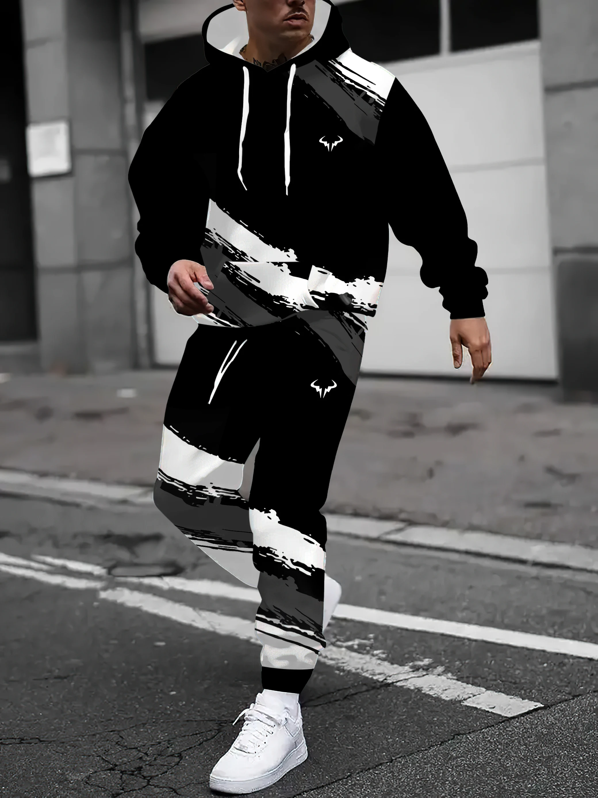 Black and white contrasting casual sports hoodie set fashion Leisure sports and fitness hoodie+pants two-piece set men clothing