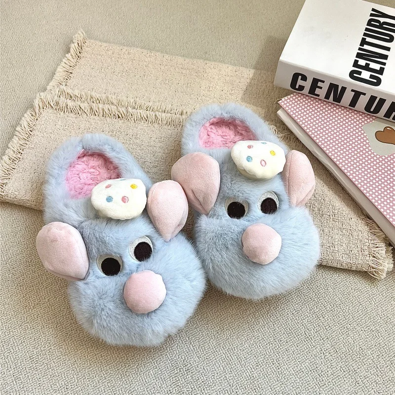 2026 New Autumn Winter Women Mouse Cotton Slippers Thickened Warm Furry Slip Shoes Non Slip Indoor Outdoor Plush Home Slippers