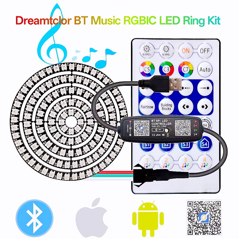 WS2812B Led Ring Individually Addressable 5050RGB With USB 28Keys Bluetooth Music Controller Kit BuiIt-in 8/16/24/35/45 Pixels