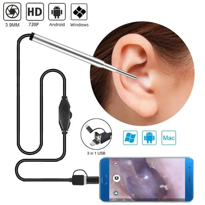 USB Otoscope 3.9MM Visual Ear Endoscope Camera for Android Mobile Phone PC Ear Canal Inspection Tool Ear Wax Cleaning