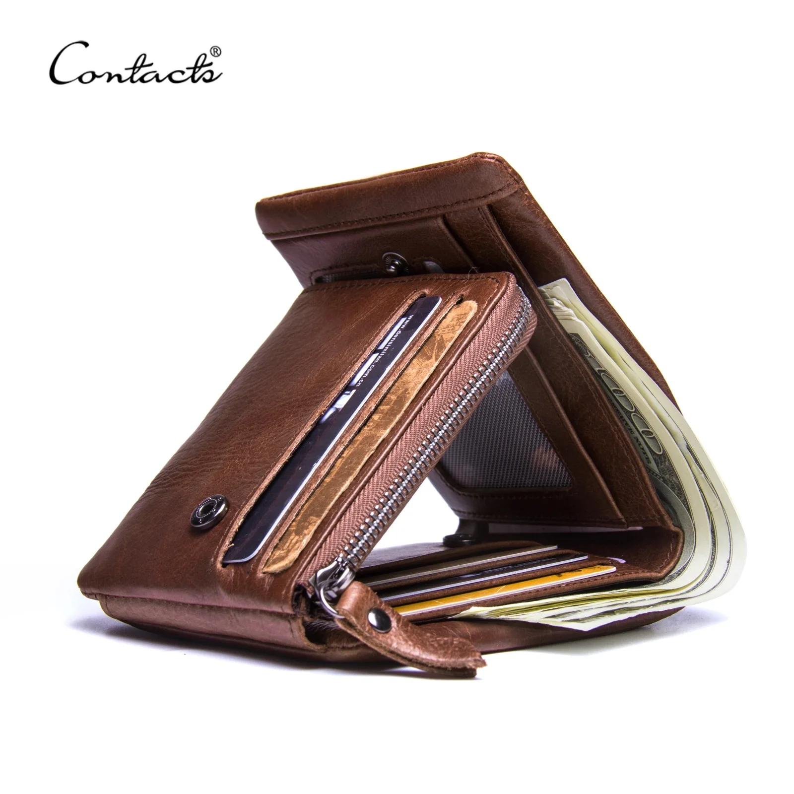 CONTACT'S Genuine Leather Men Wallet Vintage Trifold Hasp Wallet Zipper Coin Purse Card Holder Money Clip Men's Wallets