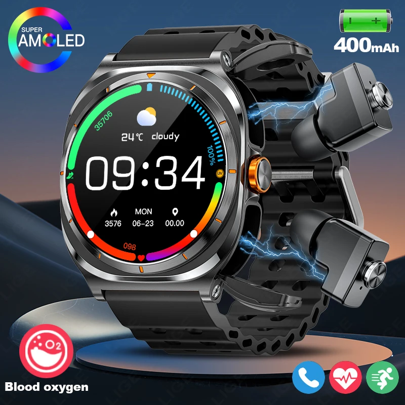 LIGE TWS 2-in-1 Wireless Headset Smart Watch 7 Ultra AMOLED HD Screen Smartwatch With Earbuds Bluetooth Call Sports Watches Men