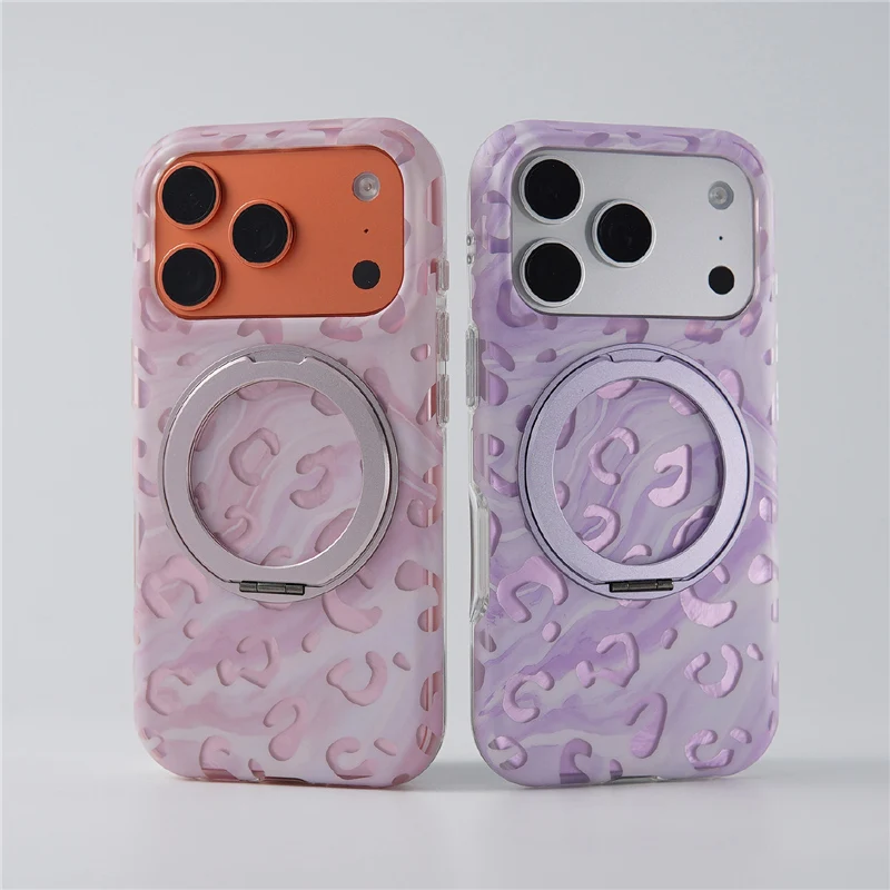 For Magsafe Magnetic Rotating Holder Leopard Print Phone Case for iPhone 17Promax 16Pro 17Pro Matte Hard Shockproof Back Cover