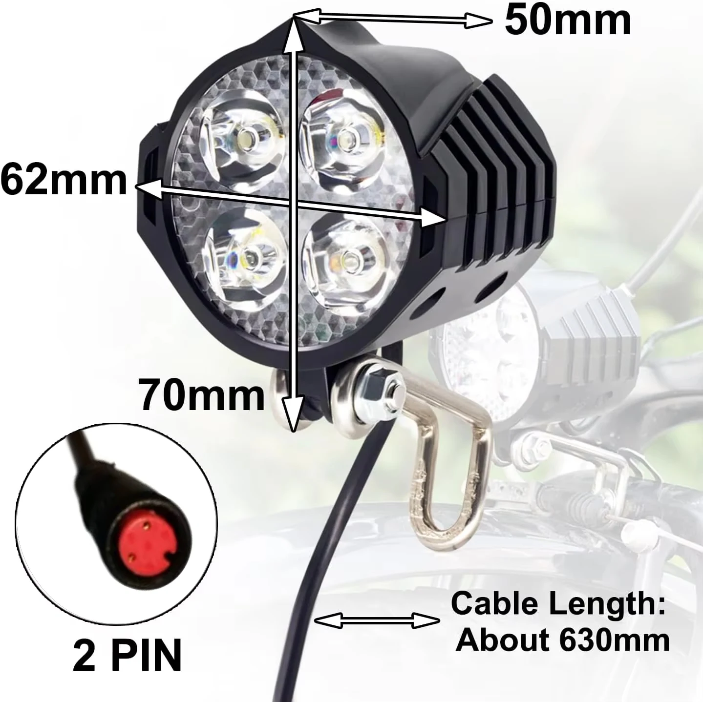 Nulkomma Electric Bike LED Headlight 36V48V Front Light with Built-in Horn 4Lights 2/3Pin famale/male Connector for Night Riding