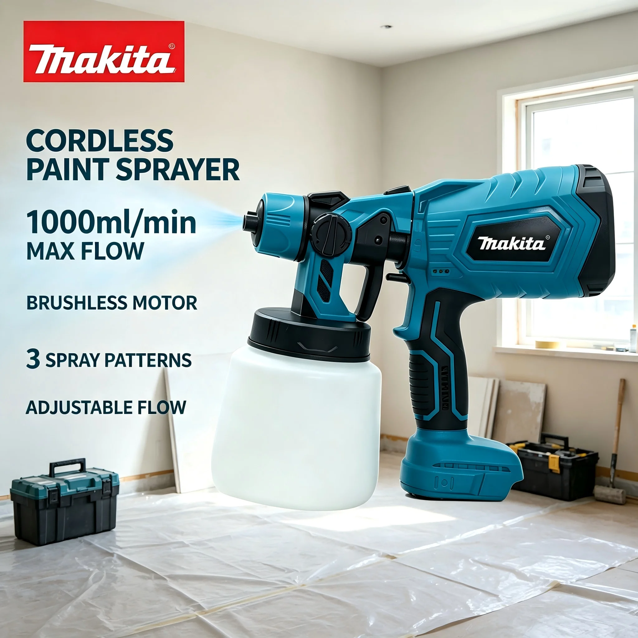 1L Makita 18V Cordless Paint Sprayer Gun With 6Ah Battery Brushless Portable Electric Spray Gun For House Furniture Car Coating