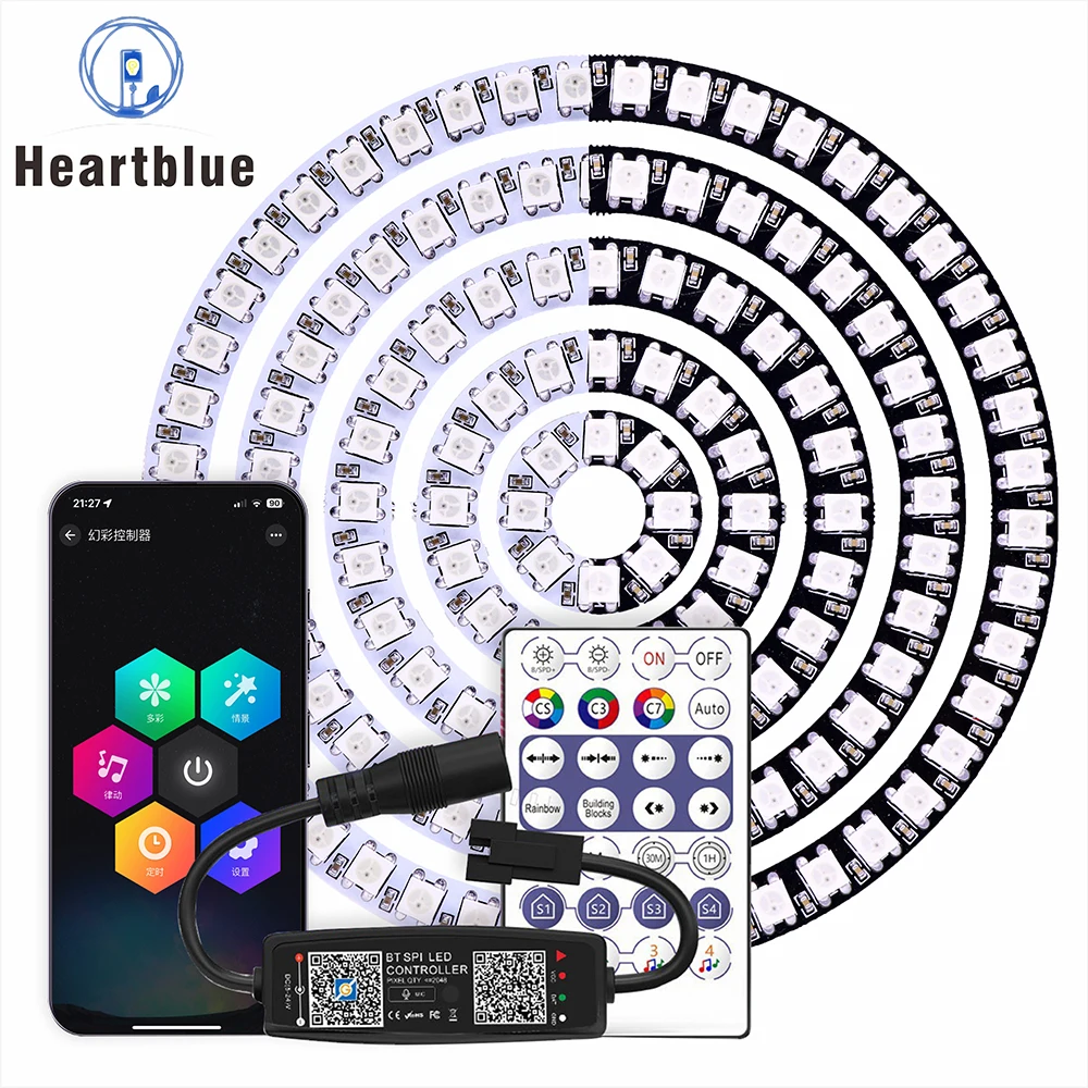 WS2812B Led Ring With USB 28Keys BT Music Controlle kit 5050 BuiIt in Individually Addressable 8/16/24/35/45 Pixels RGB LED DC5V