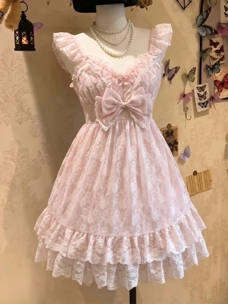 Kawaii Sweet Y2K Vintage 2 Piece Set Women Summer Elegant Retro Cardigan + Slim Mini Dresses Japanese Fashion Cute Pink Outfits