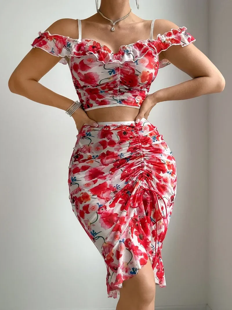 Flower Print Skirt Matching Set Off Shoulder Women Short Tops Irregular Drawstring Mini Dress Pleated Matching Sets