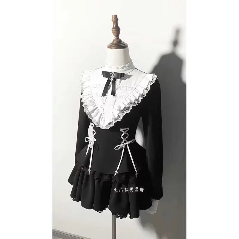 Autumn Kawaii Girl Cute Sweet Dress French Court Style Design Lotus Leaf Hem Shorts Lolita Skirt Two Piece Sets Womens Outifits