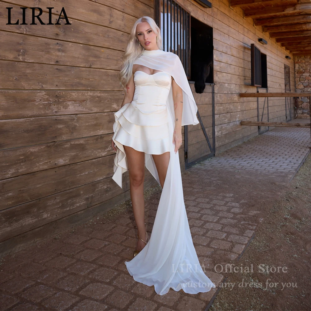 LIRIA Customized Off White Short Wedding Dresses with Chiffon Shawl A-line Pleat Mini vestido de novia 2027 Elegant Bride Gown